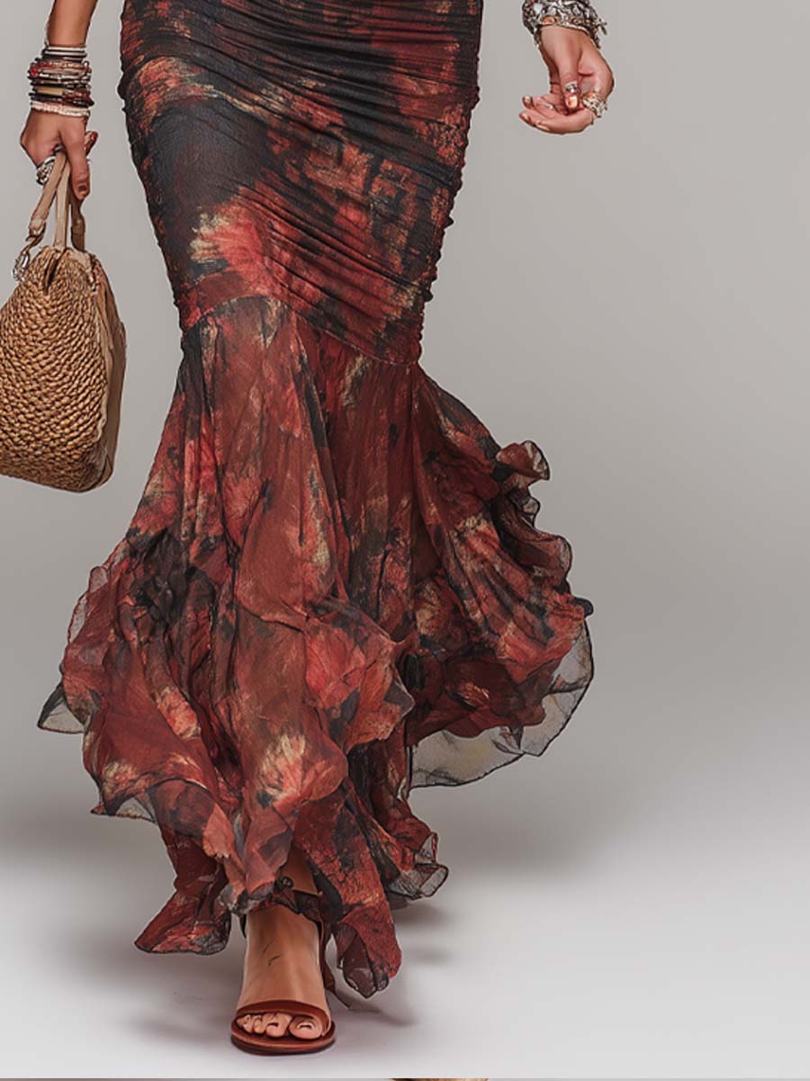 Vintage Floral Print Lace-Panelled Mesh Maxi Dress