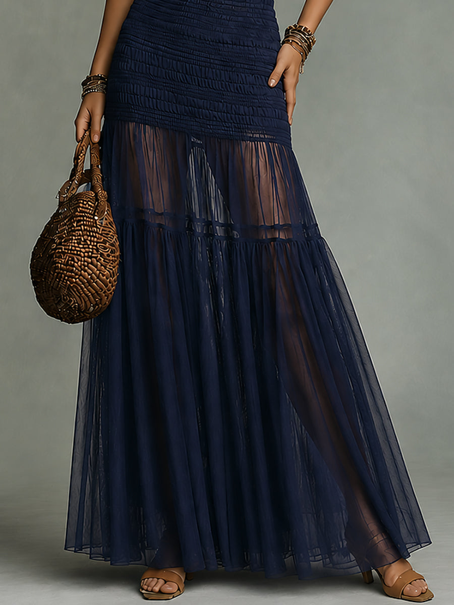 Navy Boho Halter Smocking Mesh Paneling Maxi Dress