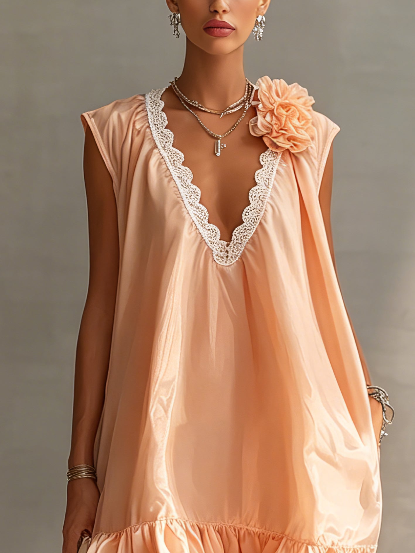 Orange V-neck floral lace ruffled mini dress