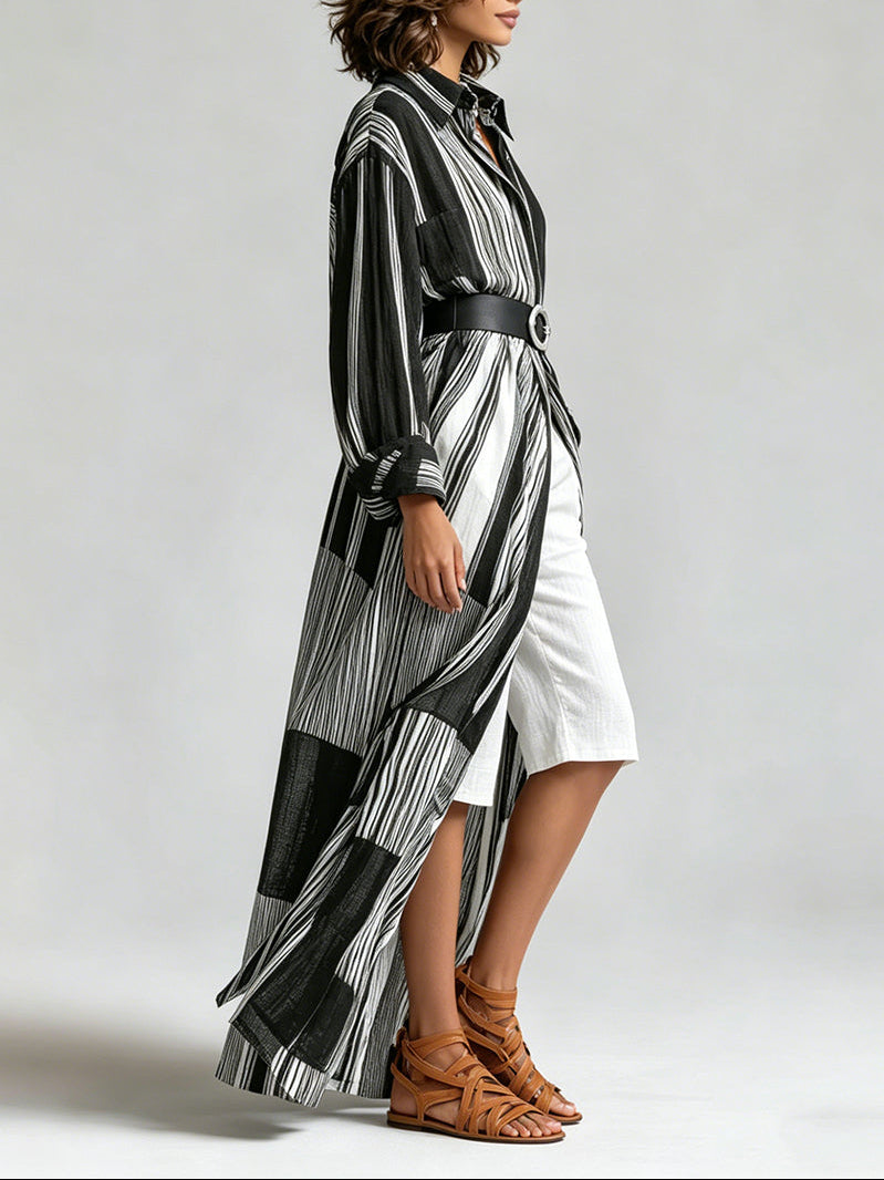 Striped Long Shirt Dress & White Mid-Length Shorts Set (With Belt)