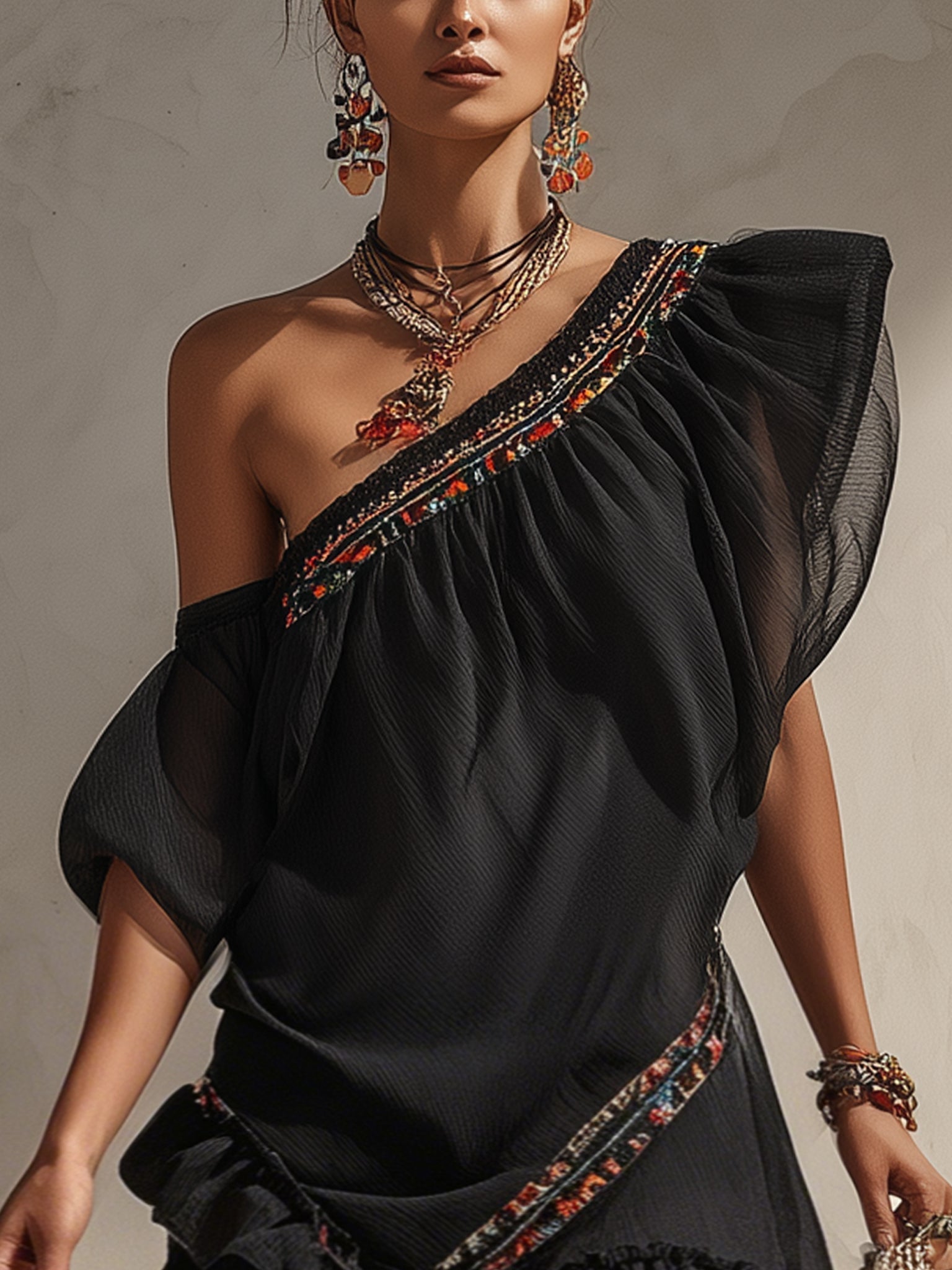 Black Asymmetric Chiffon-Panelled Binding Mini Dress