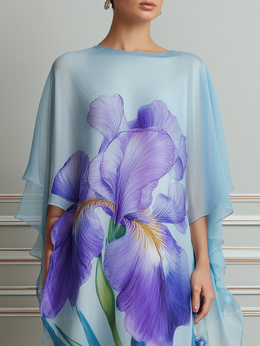 Blue Iris Print Chiffon Cape‑Style Midi Dress