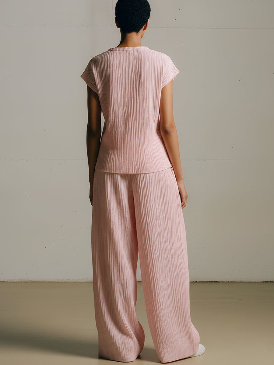 Minimalist pleated short-sleeve top and wide-leg trousers set