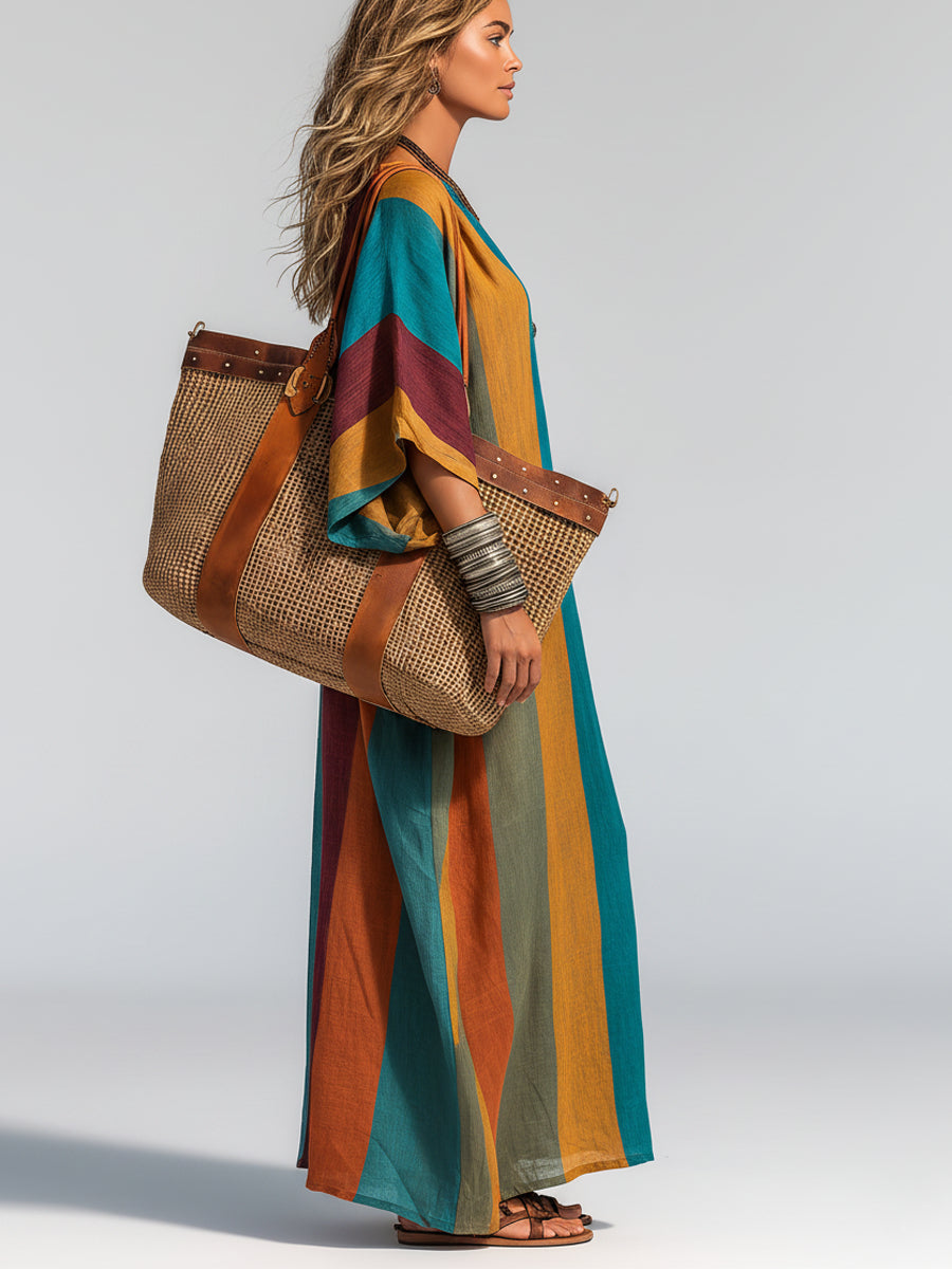 Casual short-sleeved V-neck multi-color design long dress