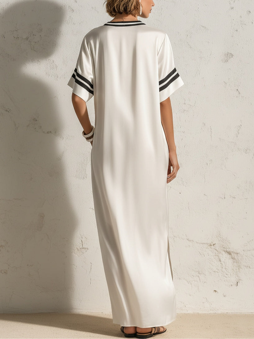 Minimalist Satin V-Neck Short-Sleeve Loose Maxi Dress