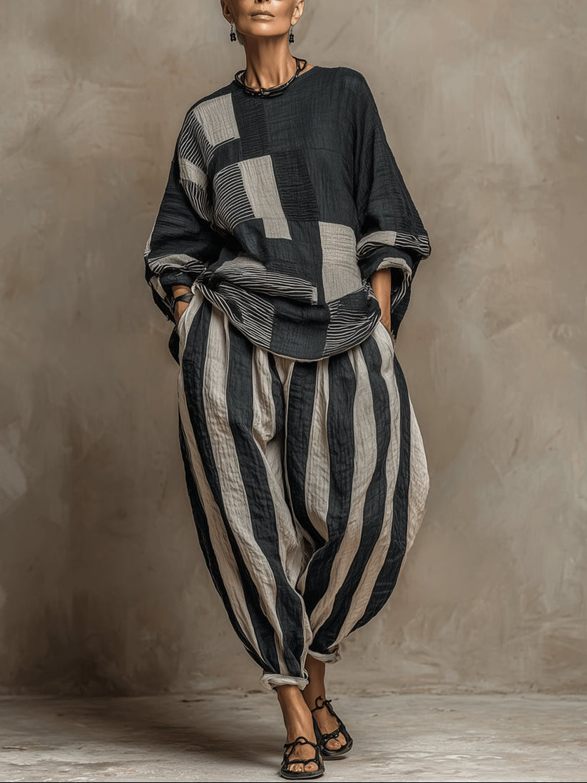 Casual Color-Block Printed Long-Sleeve Top And Pants Set