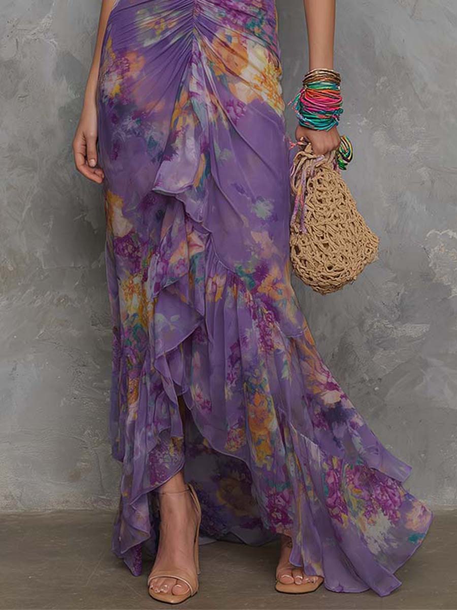 Elegant Purple Floral Chiffon Halter Maxi Dress