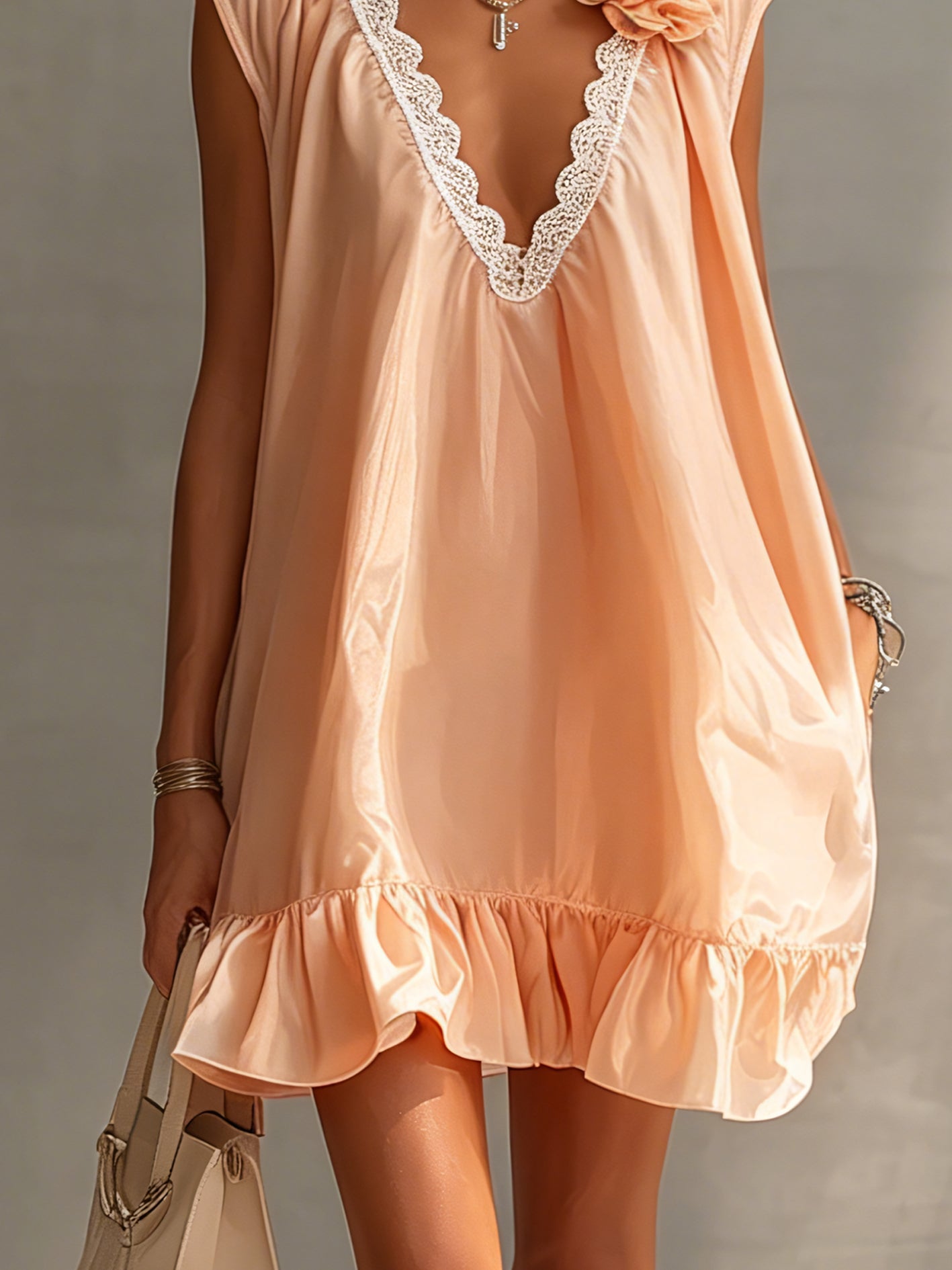 Orange V-neck floral lace ruffled mini dress