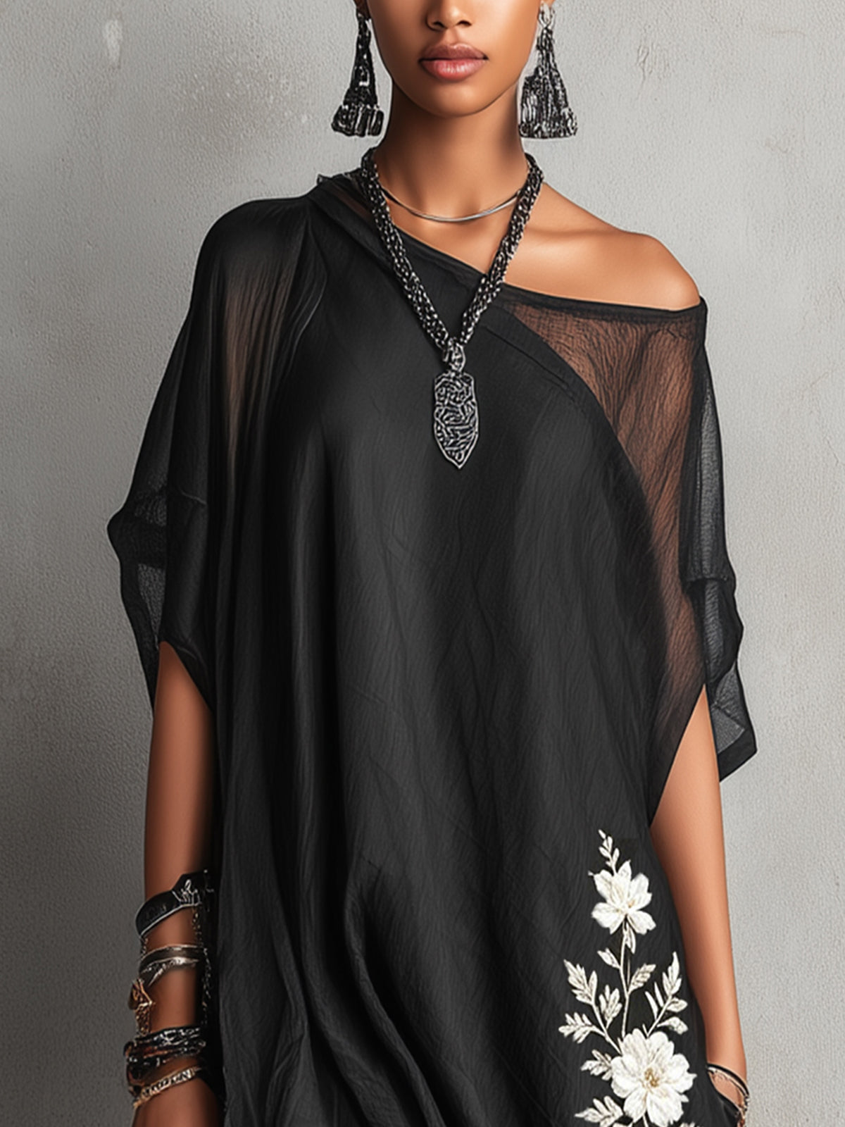 Black Asymmetric Chiffon Midi Dress with Floral Embroidery