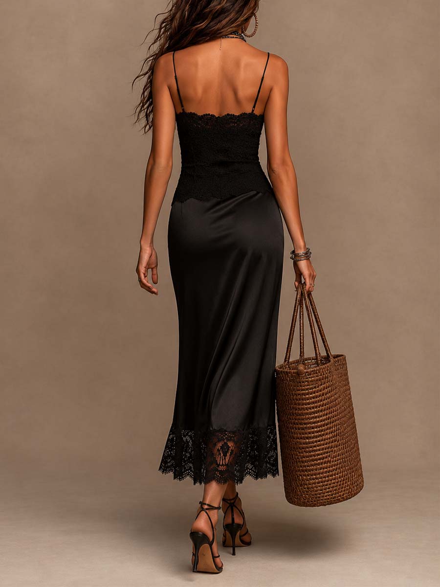 Elegant Vintage Lace Cami Spliced Satin Midi Dress