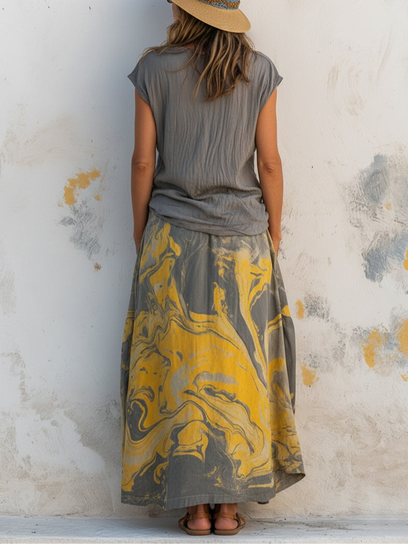 Casual V-Neck Short-Sleeve T-Shirt And Patterned Skirt Set