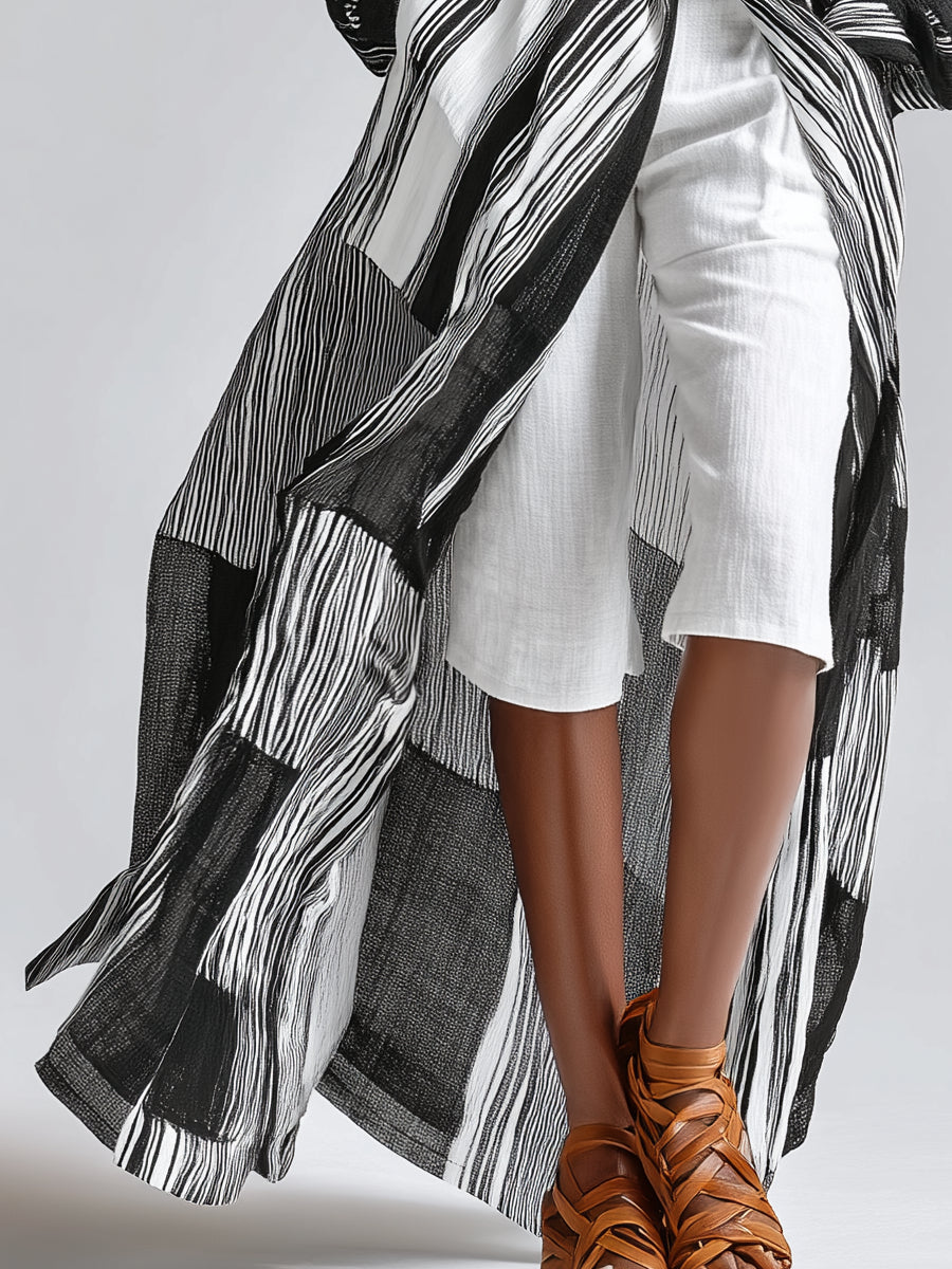 Striped Long Shirt Dress & White Mid-Length Shorts Set (With Belt)