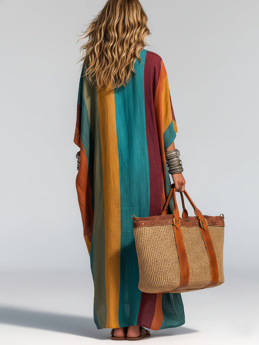 Casual short-sleeved V-neck multi-color design long dress