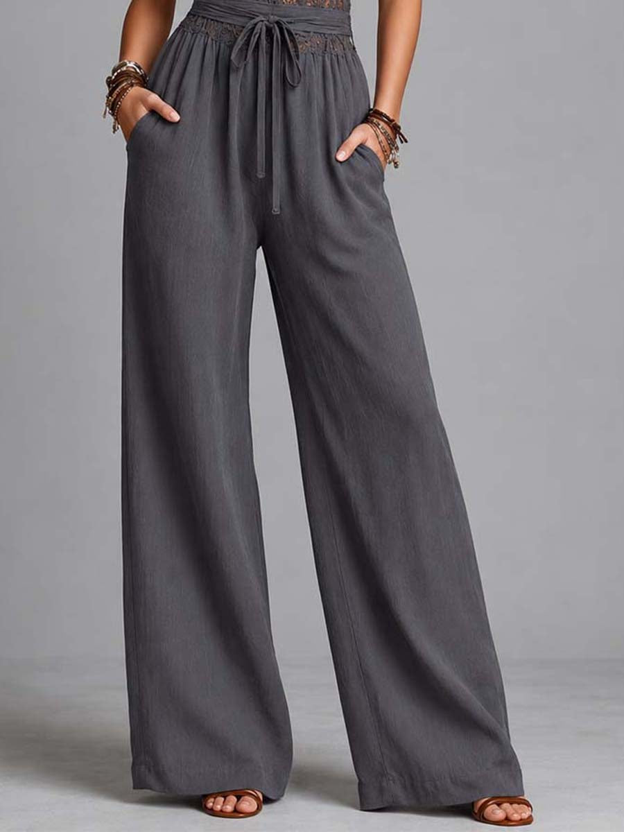 Grey lace halter-neck pleated wide-leg jumpsuit