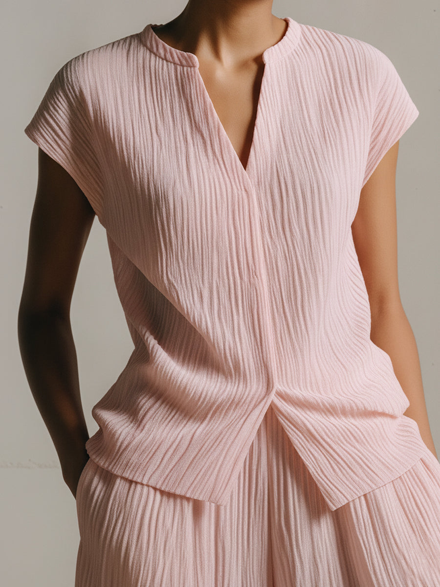 Minimalist pleated short-sleeve top and wide-leg trousers set