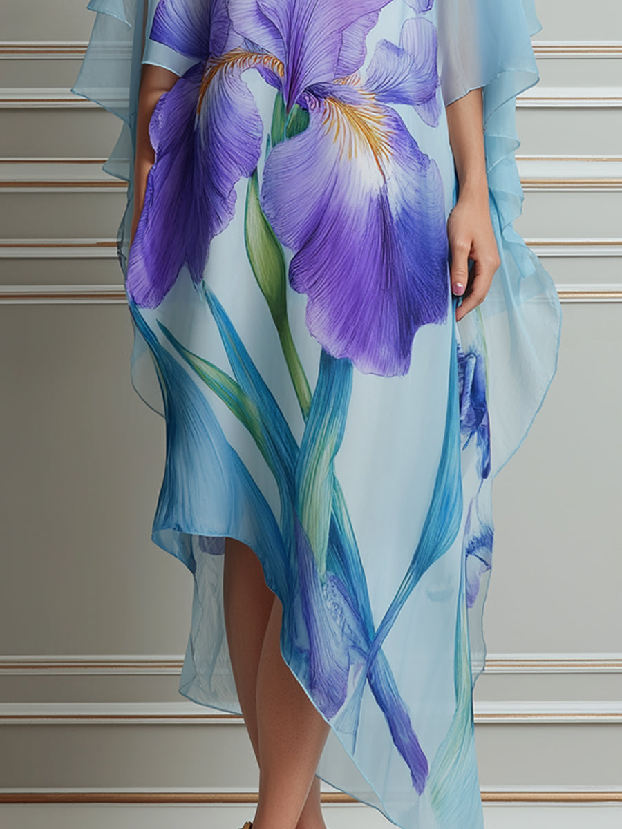 Blue Iris Print Chiffon Cape‑Style Midi Dress