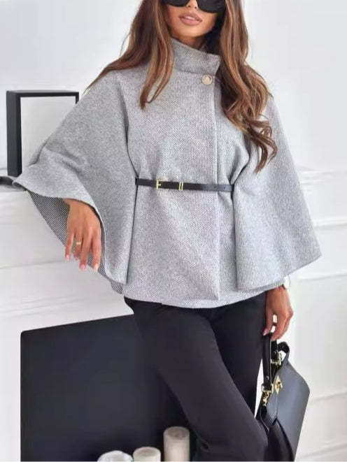 Women's solid color belted wool blend cape coat