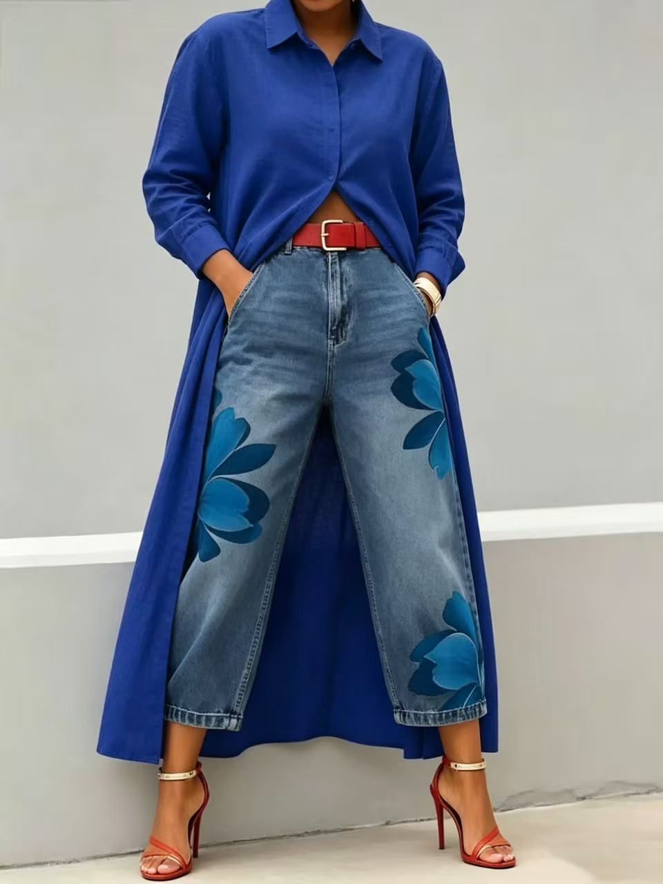 Long shirt paired with a floral wide-leg denim trouser set