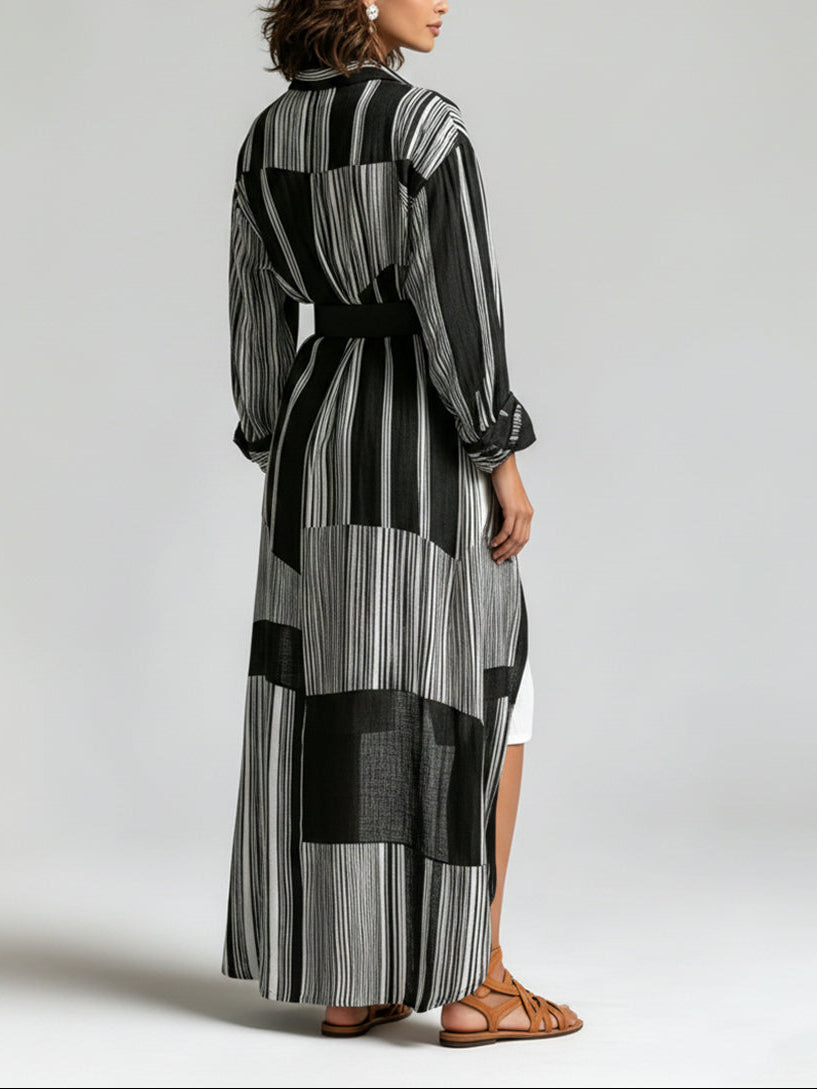 Striped Long Shirt Dress & White Mid-Length Shorts Set (With Belt)