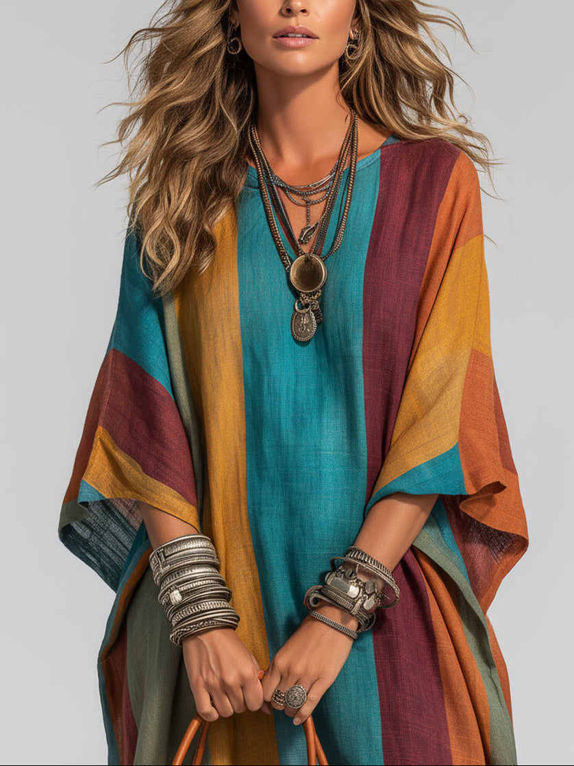 Casual short-sleeved V-neck multi-color design long dress