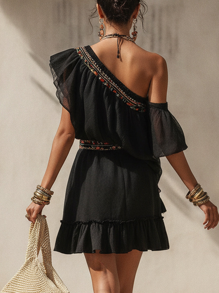 Black Asymmetric Chiffon-Panelled Binding Mini Dress