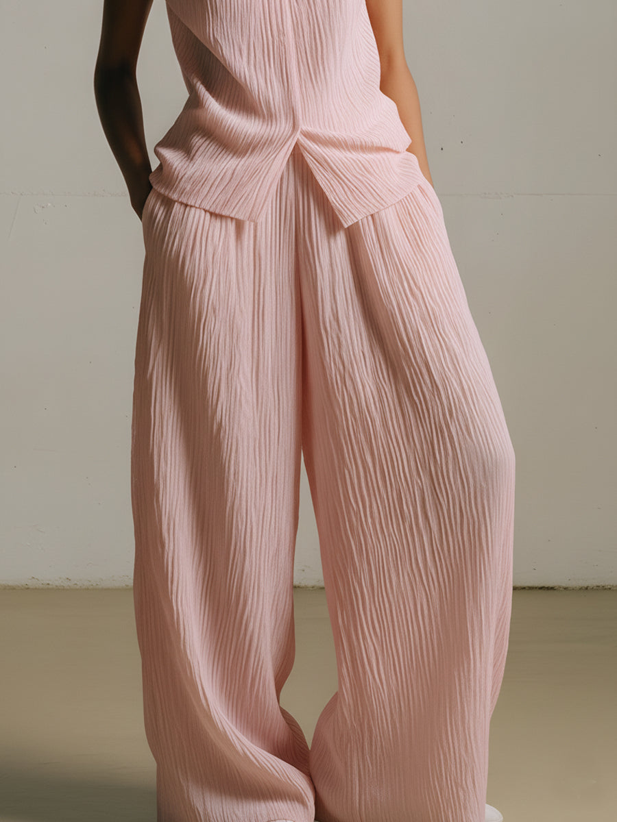 Minimalist pleated short-sleeve top and wide-leg trousers set