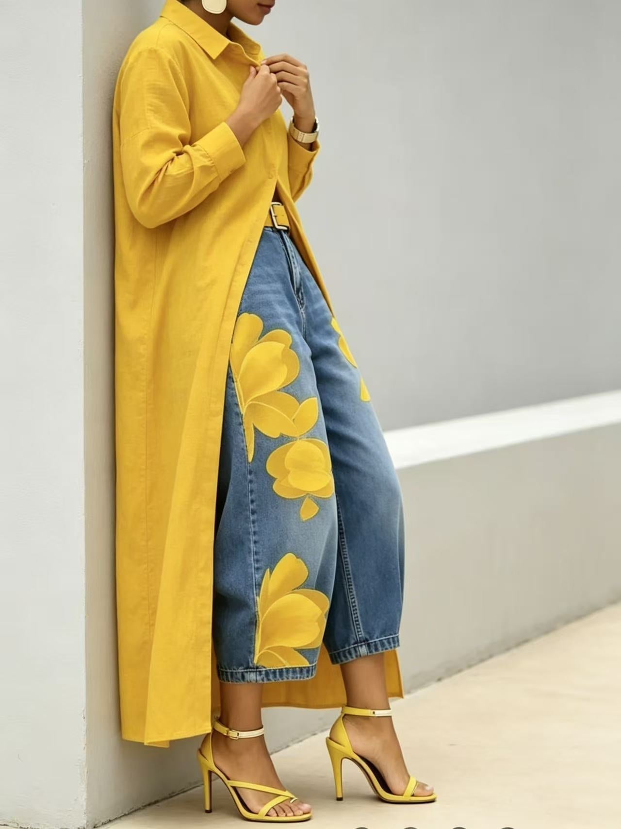 Long shirt paired with a floral wide-leg denim trouser set