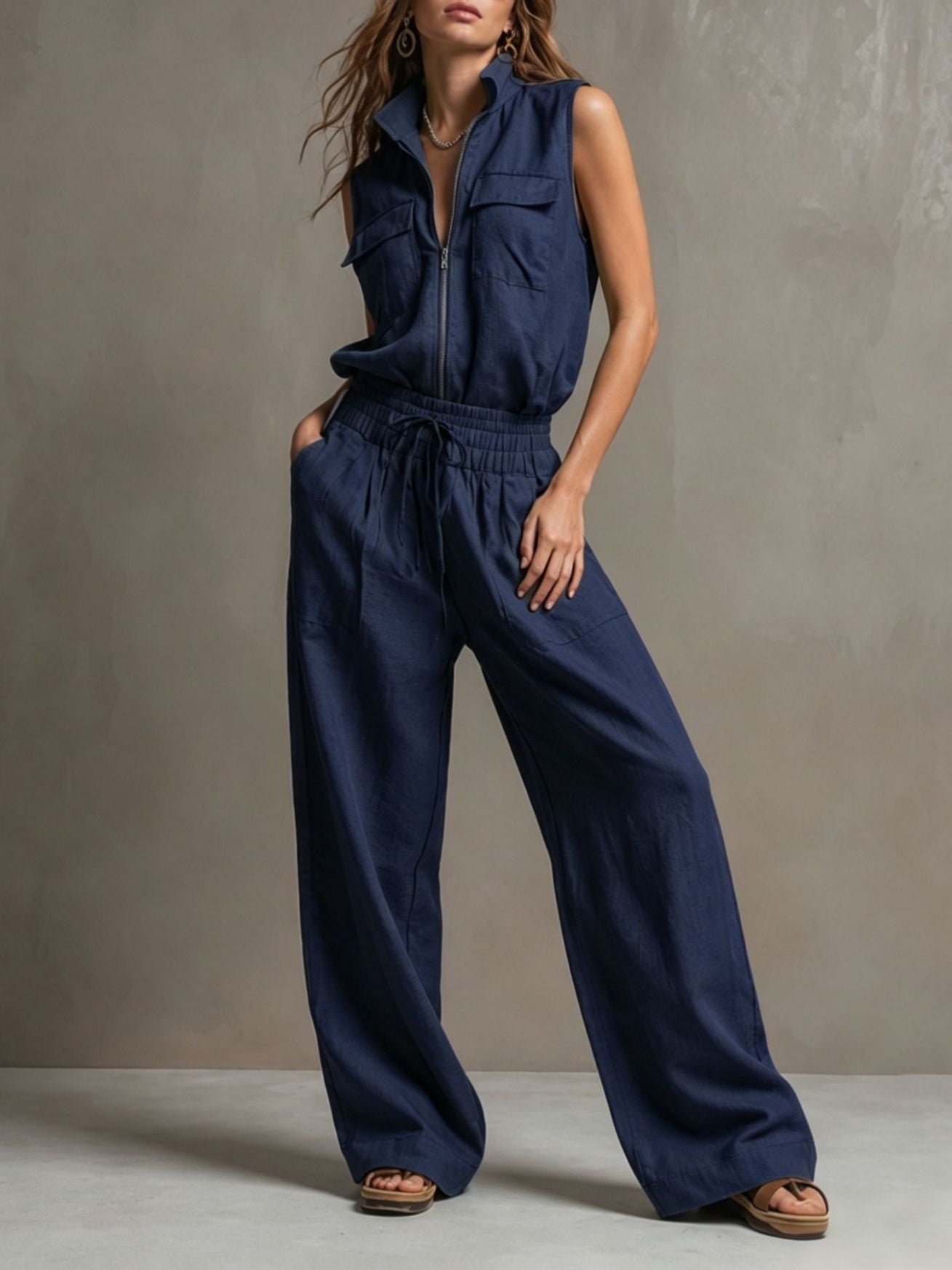 Women's Premium Sleeveless Mock-Neck Half-Zip Utility Wide-Leg Set