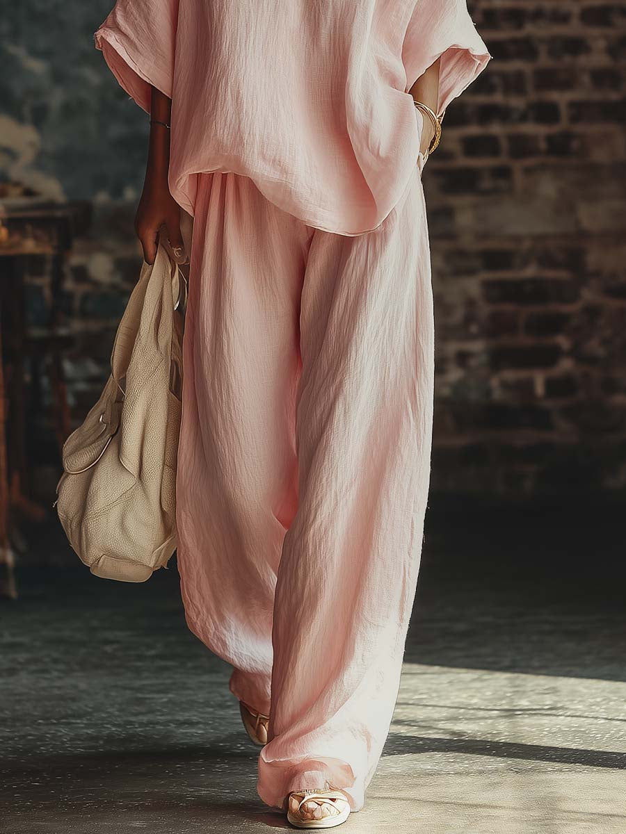 Casual Pink V-Neck Shirt and Trousers Set
