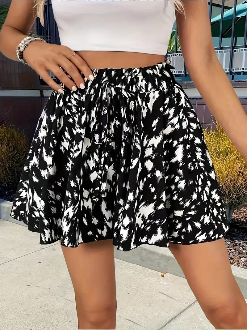 Printed Wide-Leg Drawstring Shorts — Stylish & Elegant Vacation Beach Skort