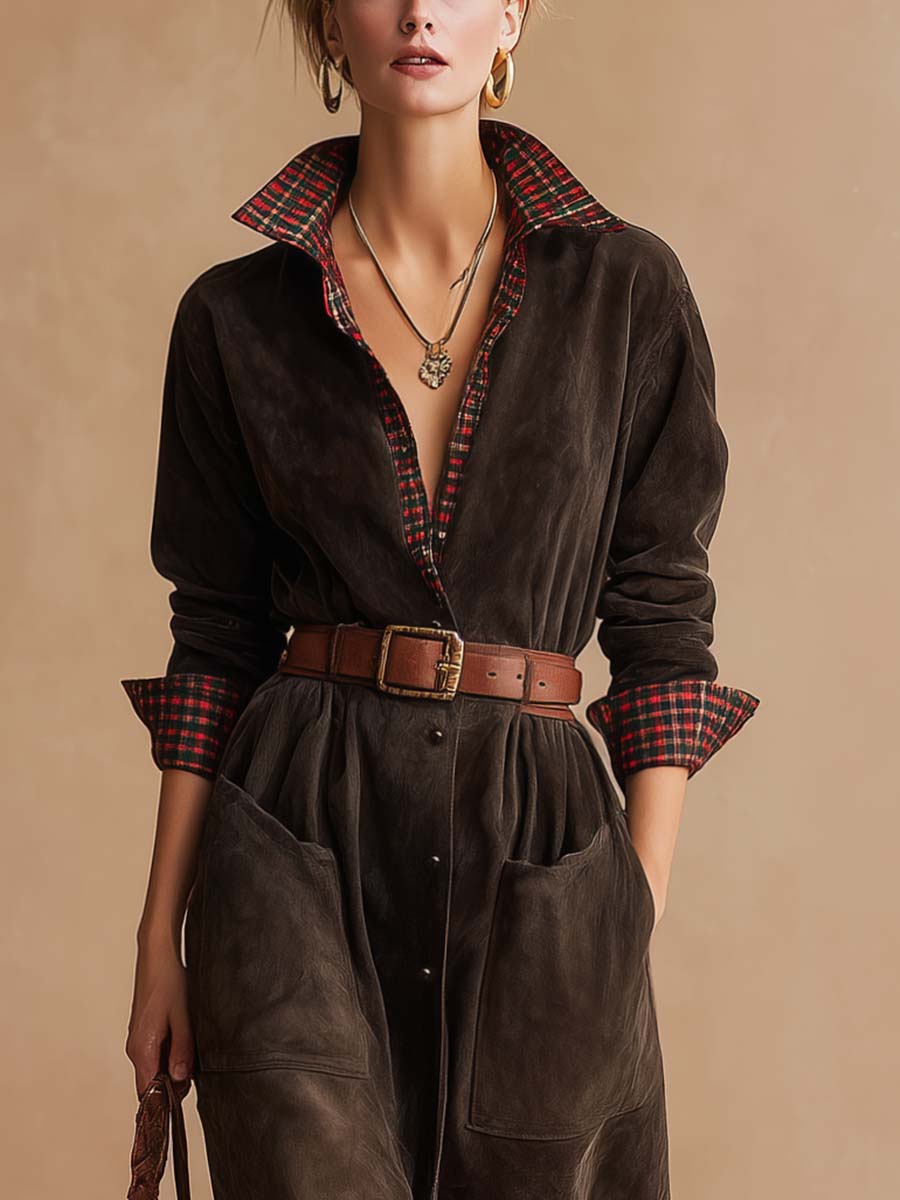 Retro dark brown suede patchwork plaid collared dress（Includes belt）