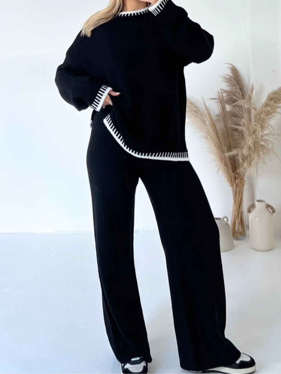 Casual color-blocked solid color sweater loose two-piece set