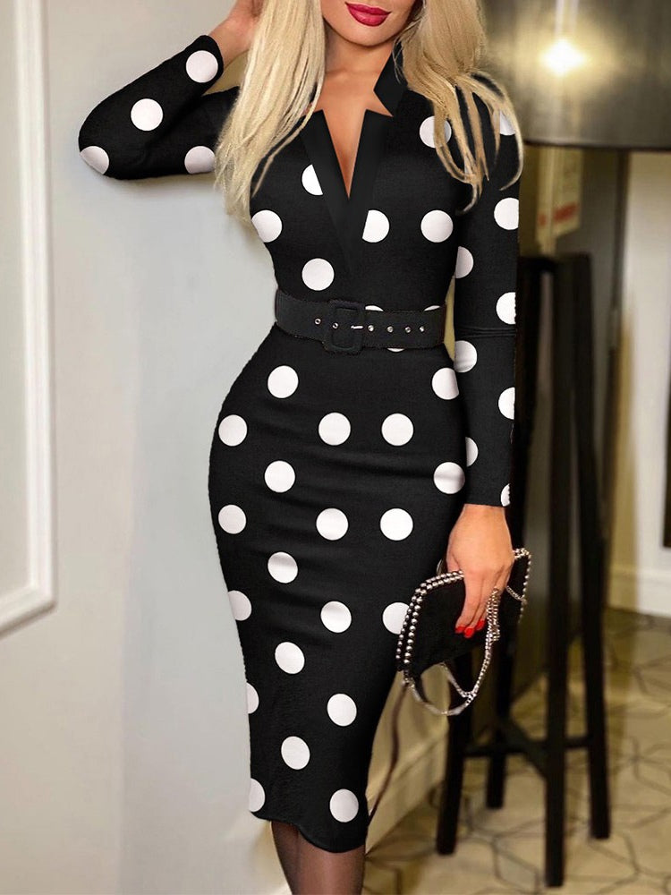 Stylish plaid V-neck bodycon long-sleeved sexy dress（Includes belt）