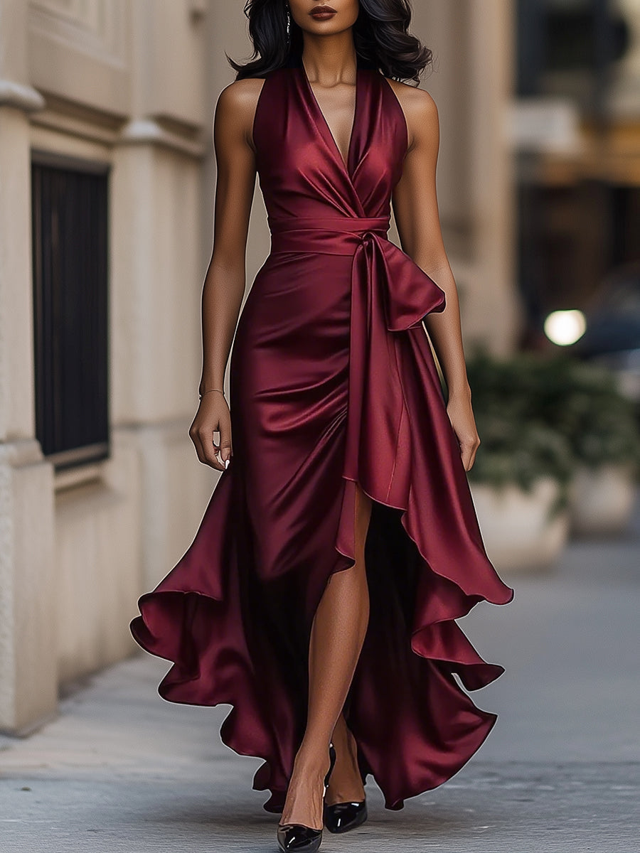 Midnight Elegance Satin Halter Ruffle Gown