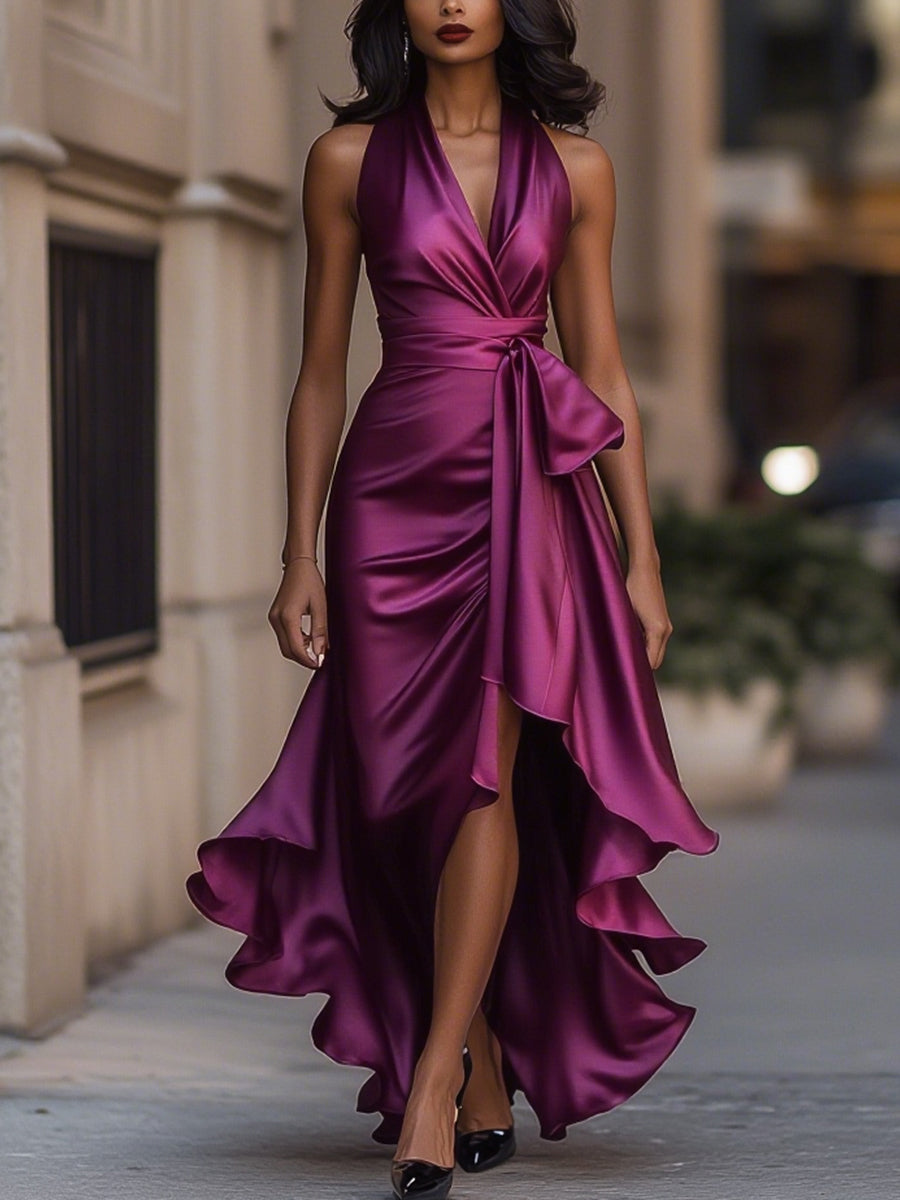 Midnight Elegance Satin Halter Ruffle Gown