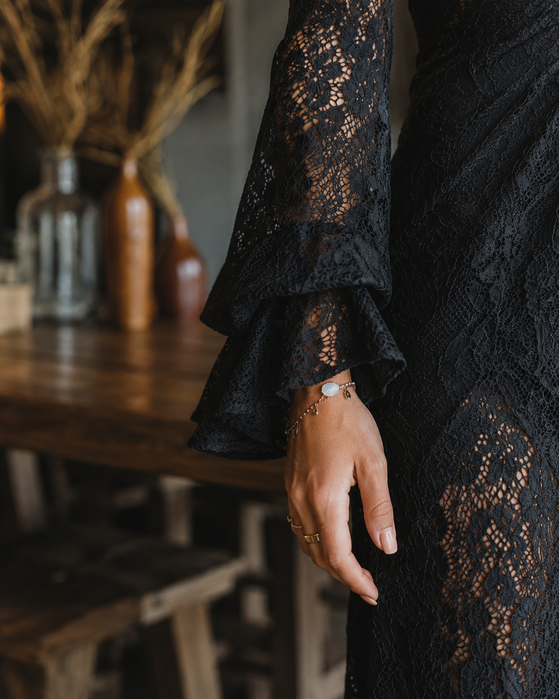 Gothic Black Lace Fitted V-Neck Flared Sleeve Maxi Dress