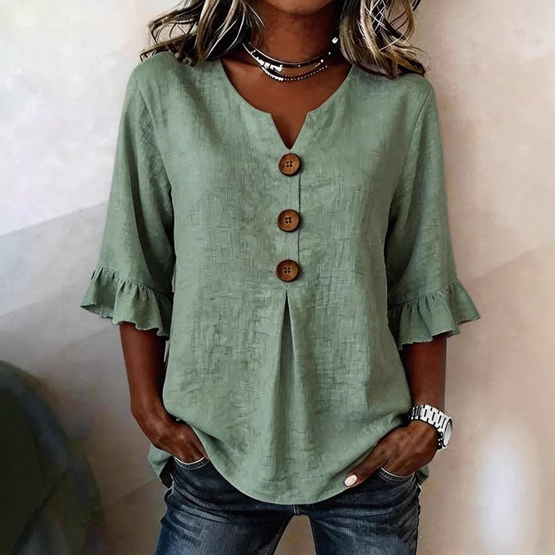 Solid V-Neck Button Ruffle Half Sleeve Casual Top