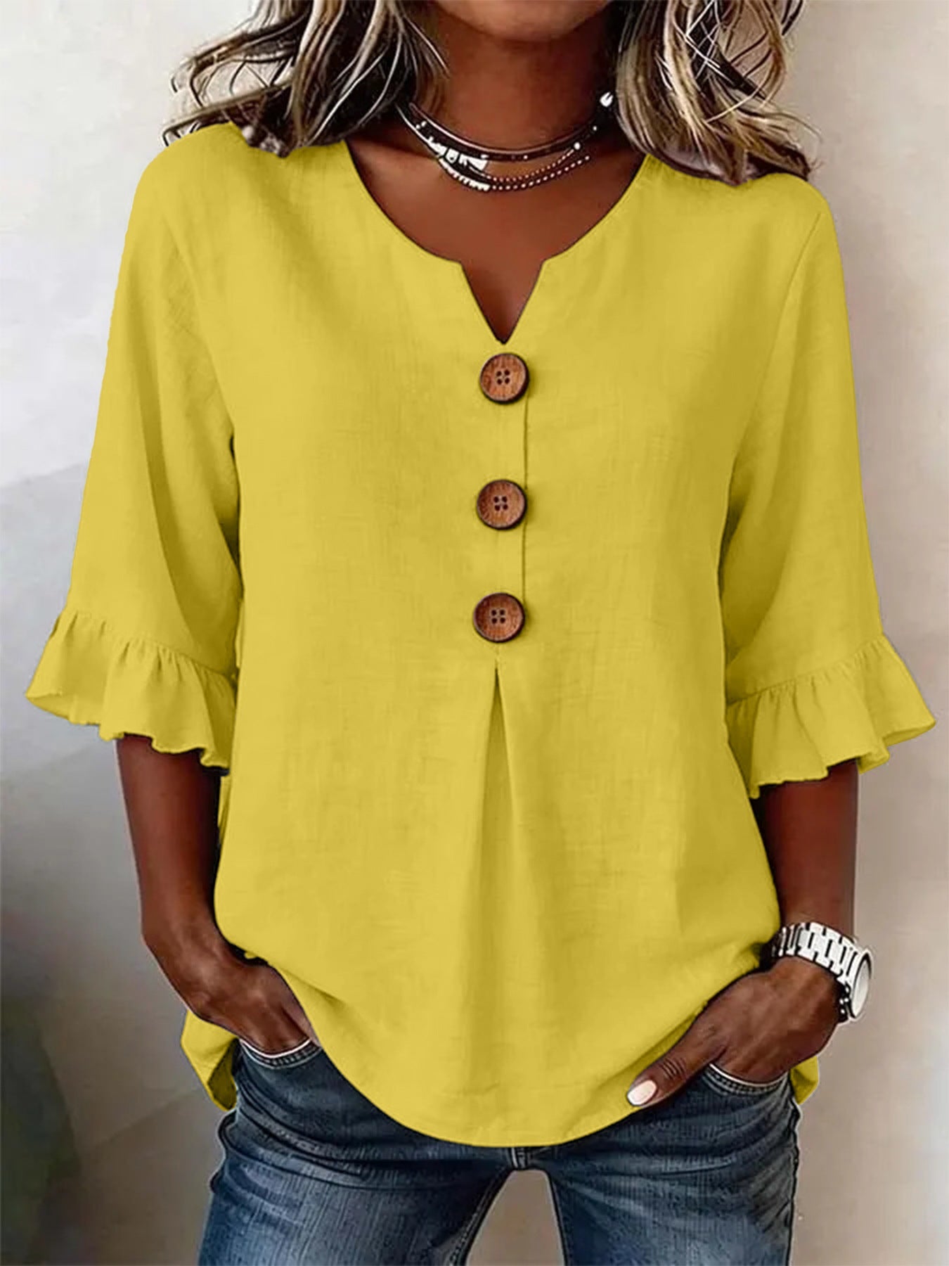 Solid V-Neck Button Ruffle Half Sleeve Casual Top