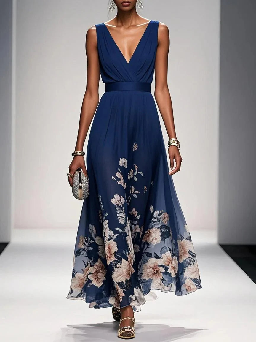Light Blue Floral Chiffon V Neck Sleeveless A-Line Maxi Dress