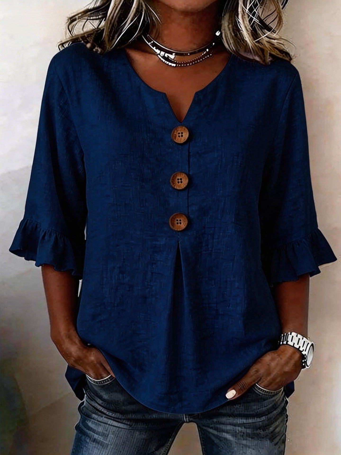 Solid V-Neck Button Ruffle Half Sleeve Casual Top