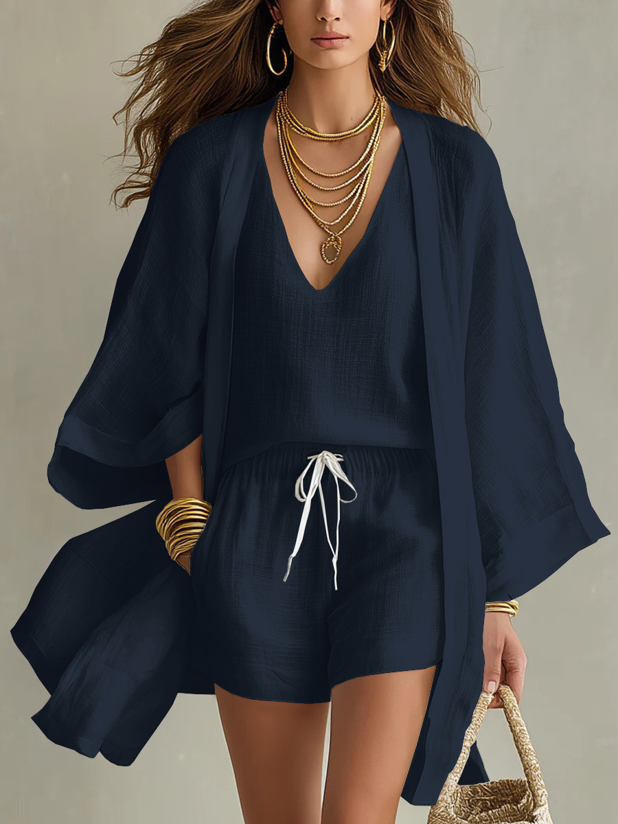 White Loose Cardigan And Drawstring Shorts Three-piece Set
