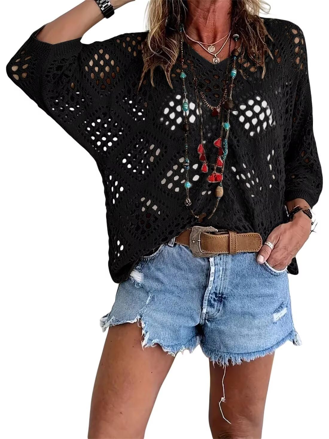 Bohemian V-neck Diamond-patterned Openwork Batwing Sleeve Knit Top