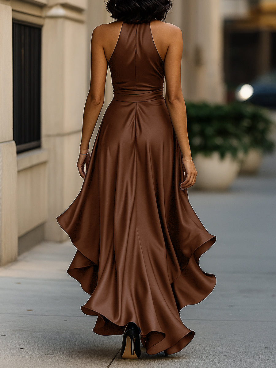 Midnight Elegance Satin Halter Ruffle Gown