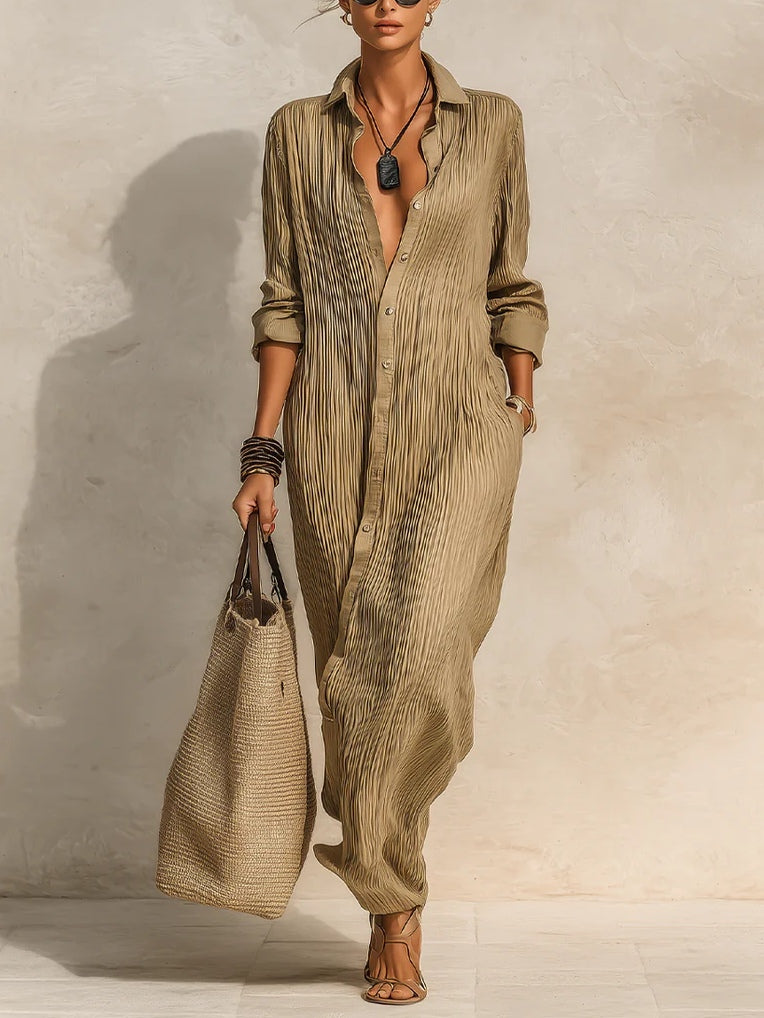 Casual plain-color pleated texture maxi shirt dress