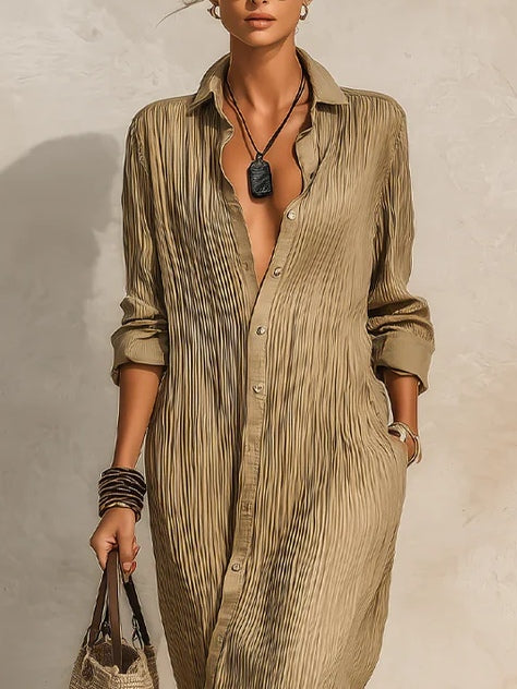 Casual plain-color pleated texture maxi shirt dress