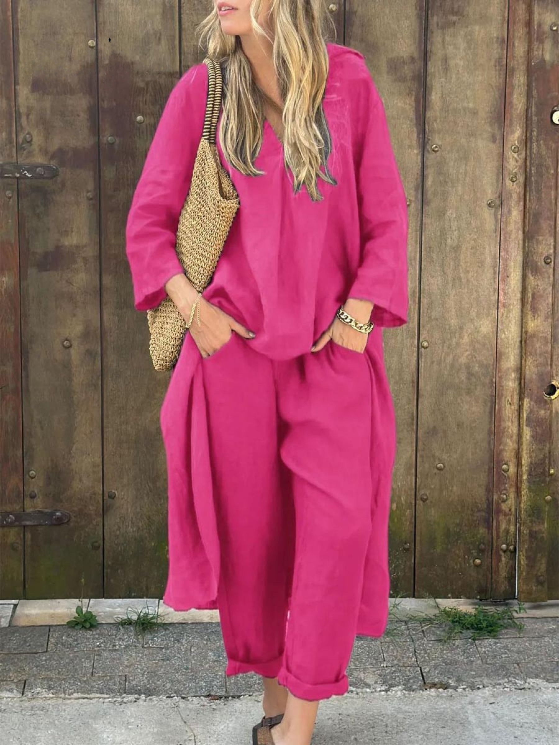 Linen Irregular Loose V-neck Top and High-Waisted Pocket Wide-leg Pants Set