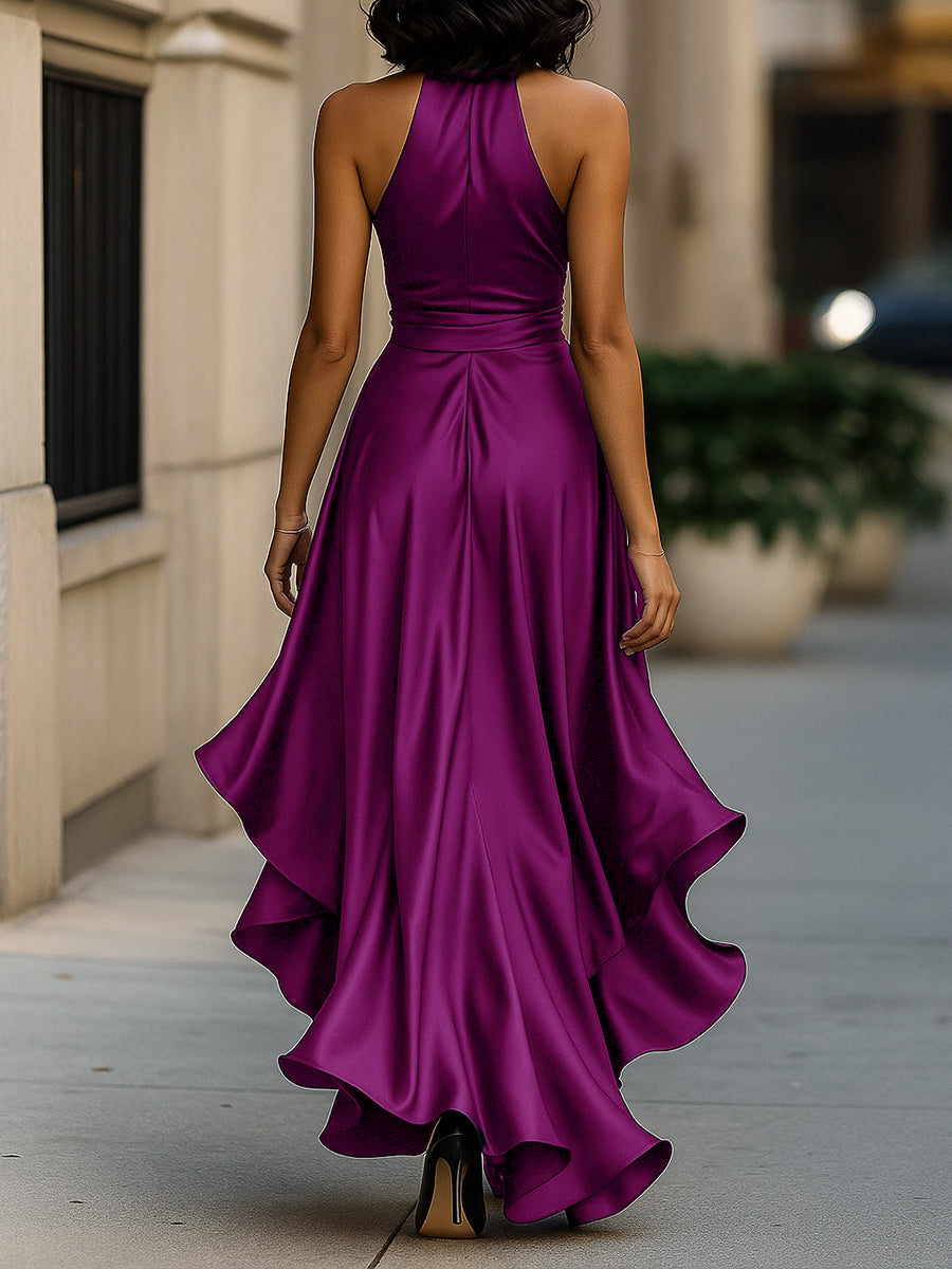 Midnight Elegance Satin Halter Ruffle Gown