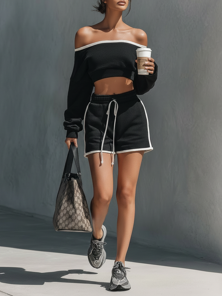 Sportswear White Trim Black Top And Shorts Set