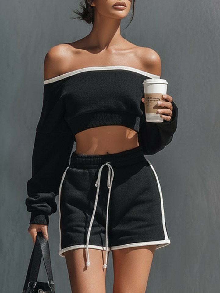 Sportswear White Trim Black Top And Shorts Set