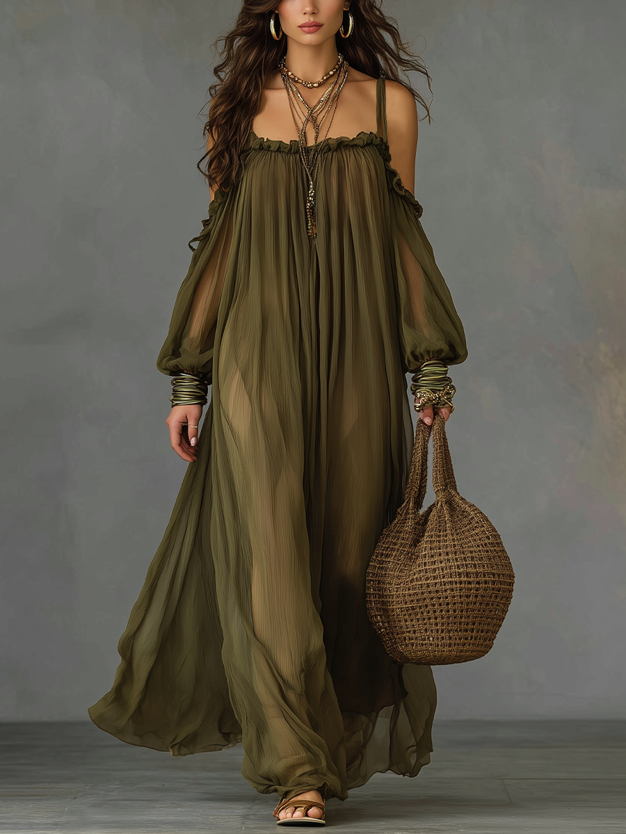 Stylish Olive Green Off-Shoulder Long Dress